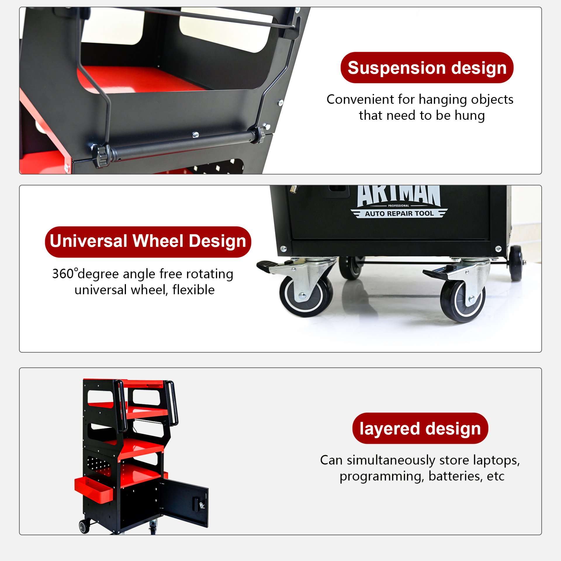 4 Level Multi Purpose Trolley For Diagnostics - Black / Red - Image 12