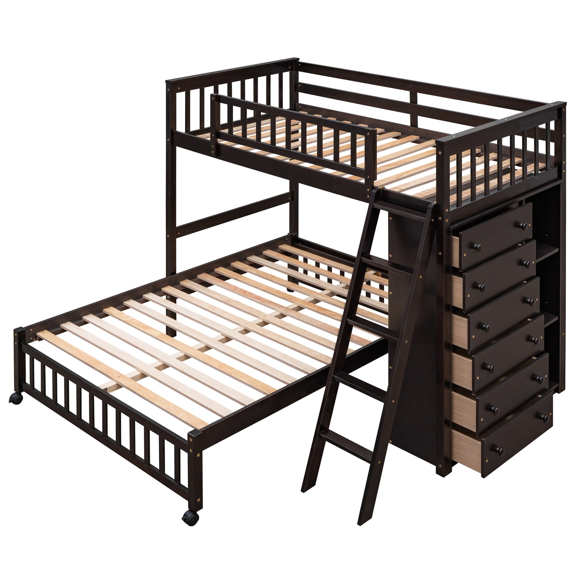 Twin Over Full Bunk Bed With 6 Drawers And Flexible Shelves, Bottom Bed With Wheels - Espresso - Image 8