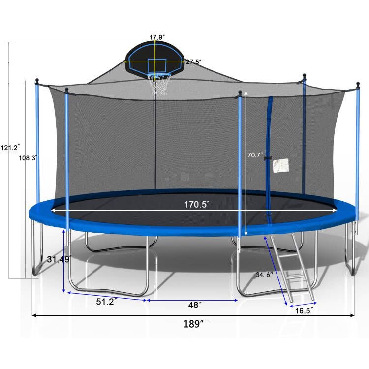 Trampoline For Adults & Kids With Basketball Hoop, Outdoor Trampolines With Ladder And Safety Enclosure Net For Kids And Adults - Blue - Image 8