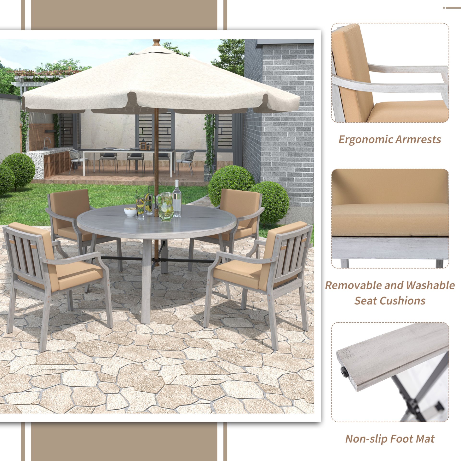 Outdoor Dinning Set 4 Person Outdoor Wooden Dinning Set With An Umbrella Hole And Removable Cushions For Patio, Backyard, Garden - Antique Gray - Image 5