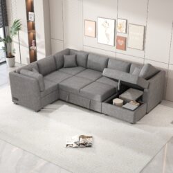 U-Shaped Sectional Sofa Pull Out Sofa Bed With Two USB Ports, Two Power Sockets, Three Back Pillows And A Storage Chaise For Living Room - Light Gray
