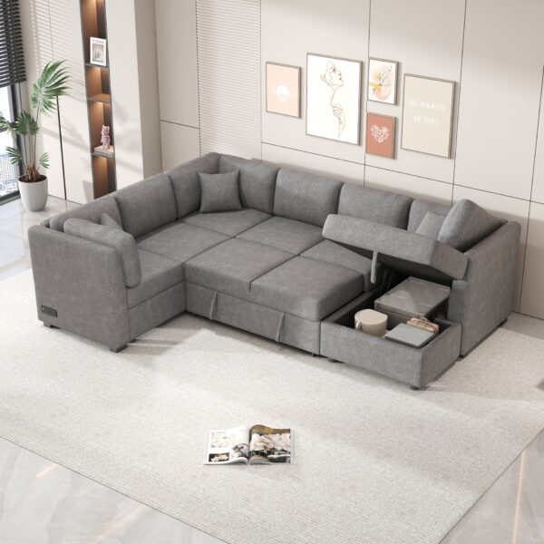U-Shaped Sectional Sofa Pull Out Sofa Bed With Two USB Ports, Two Power Sockets, Three Back Pillows And A Storage Chaise For Living Room - Light Gray