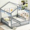 Double Twin House-Style Floor Bed With Fence, Guardrails, Without Door - Gray - Image 11