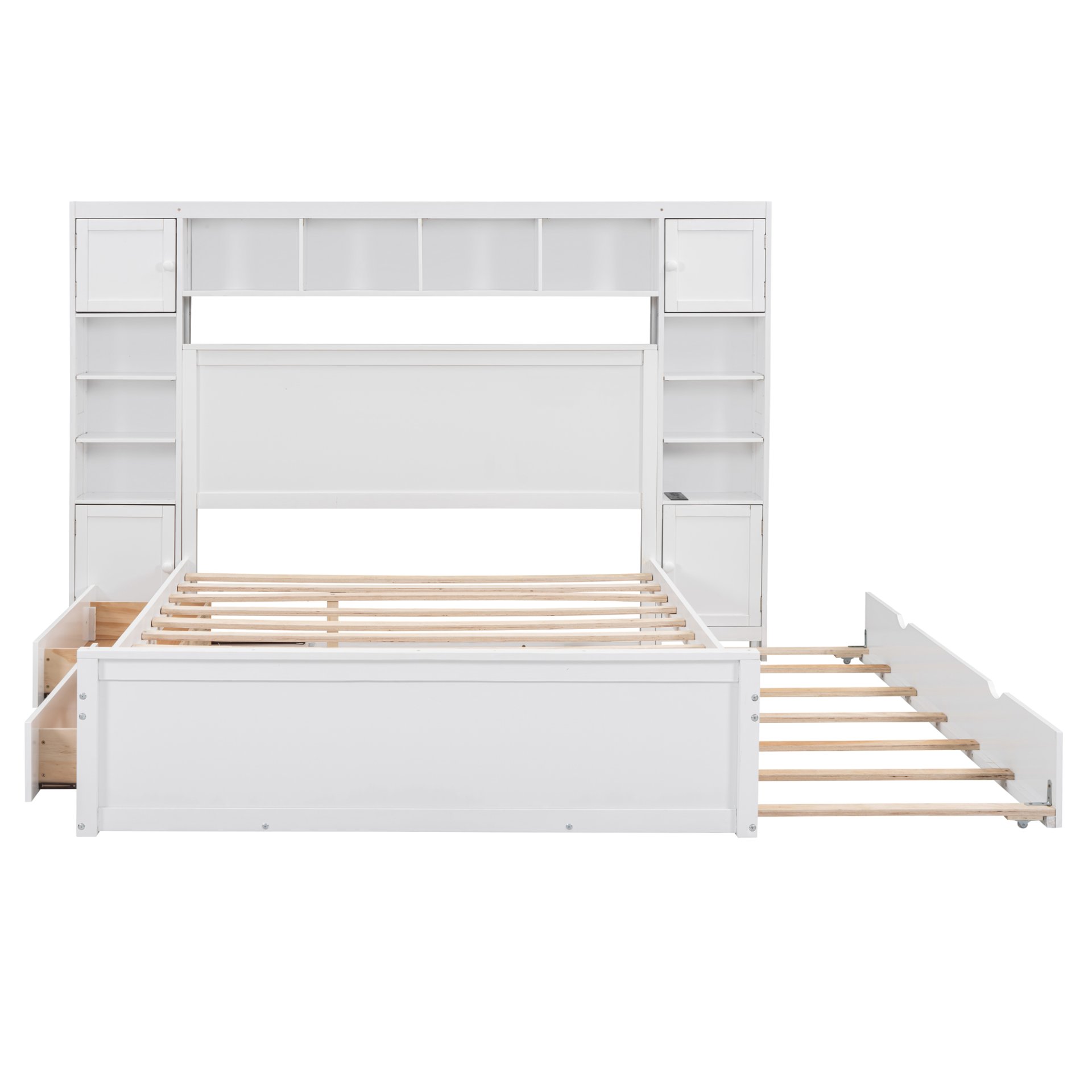 Queen Size Bed With All In One Cabinet, Shelf And Sockets, Twin Long Trundle - White - Image 8