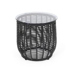 Arias - Boho Side Table With Tempered Glass Top And Rattan Wrap - Black