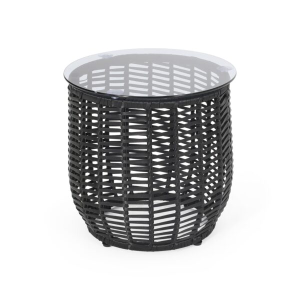 Arias - Boho Side Table With Tempered Glass Top And Rattan Wrap - Black
