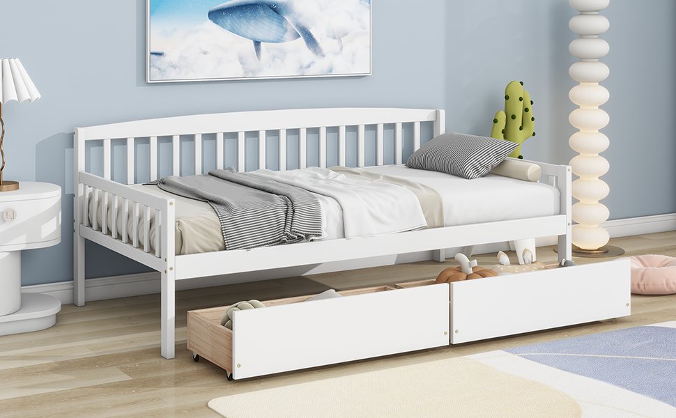Twin Size Pine Wood Daybed With Two Storage Drawers, Sofa Bed With Bed Platform Of 10 Support Slats - White - Image 6