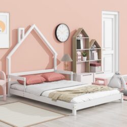 Full House-Shaped Headboard Bed With Handrails, Slats - White