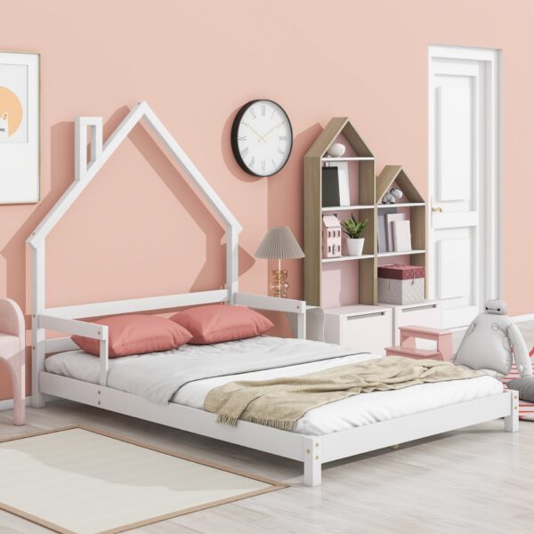 Full House-Shaped Headboard Bed With Handrails, Slats - White