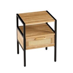 Rattan End Table With Drawer, Modern Nightstand, Metal Legs, Side Table For Living Room, Bedroom - Natural