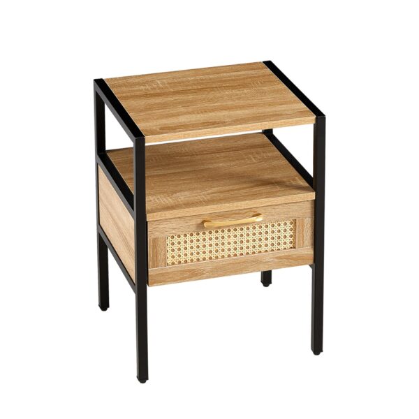 Rattan End Table With Drawer, Modern Nightstand, Metal Legs, Side Table For Living Room, Bedroom - Natural
