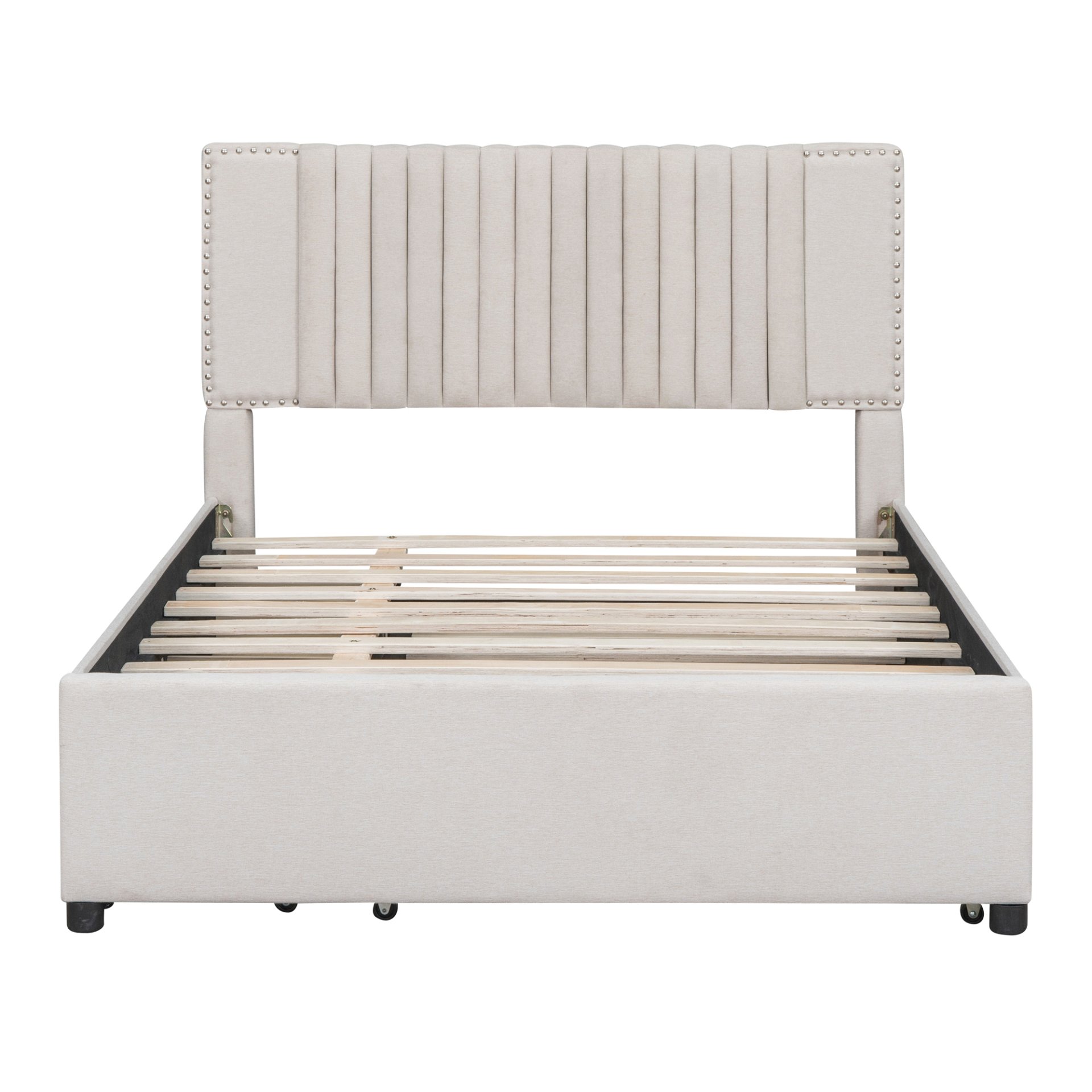 Full Size Upholstered Platform Bed With 2 Drawers And 1 Twin Size Trundle, Classic Headboard Design - Beige - Image 3