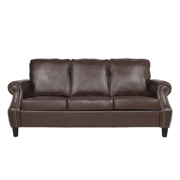 Contemporary 3 Seater Sofa Upholstery And Nailhead Trim - Dark Brown