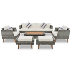6 Pieces All Weather Sofa Set, Outdoor Rattan Sofa With Double Cushions, Wood Legs Wood Table Top - Beige / Gray