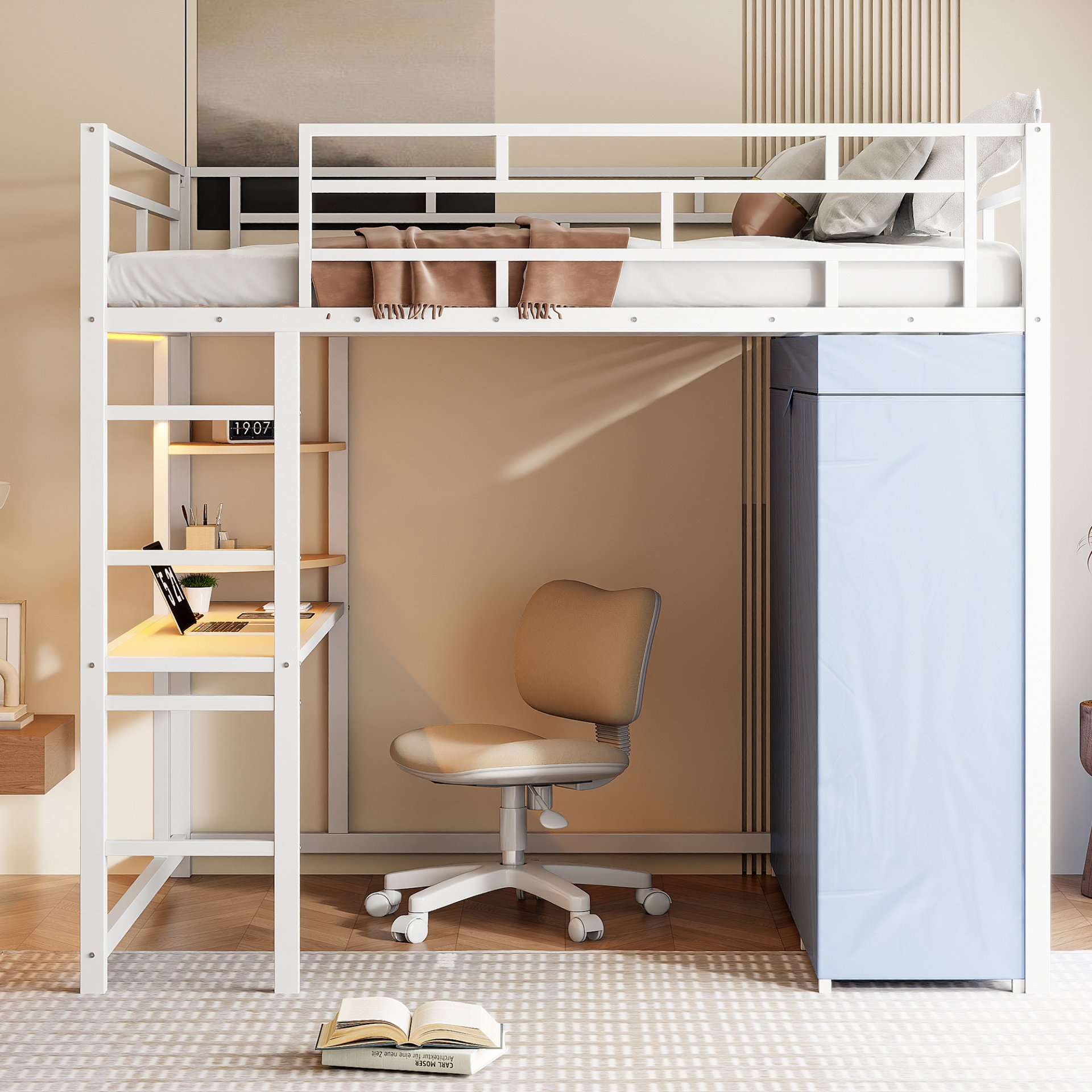 Full Size Loft Bed With Desk, Shelves, Power Outlet, LED Light And Wardrobe - White - Image 2