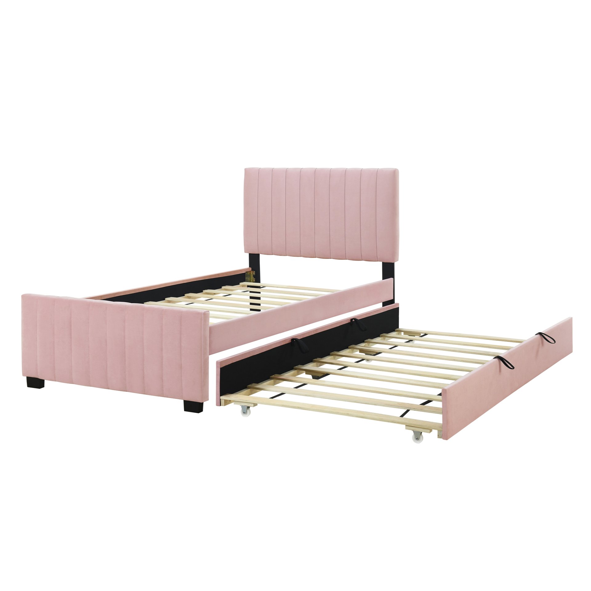 Twin Size Upholstered Platform Bed With Twin Size Trundle - Pink - Image 3