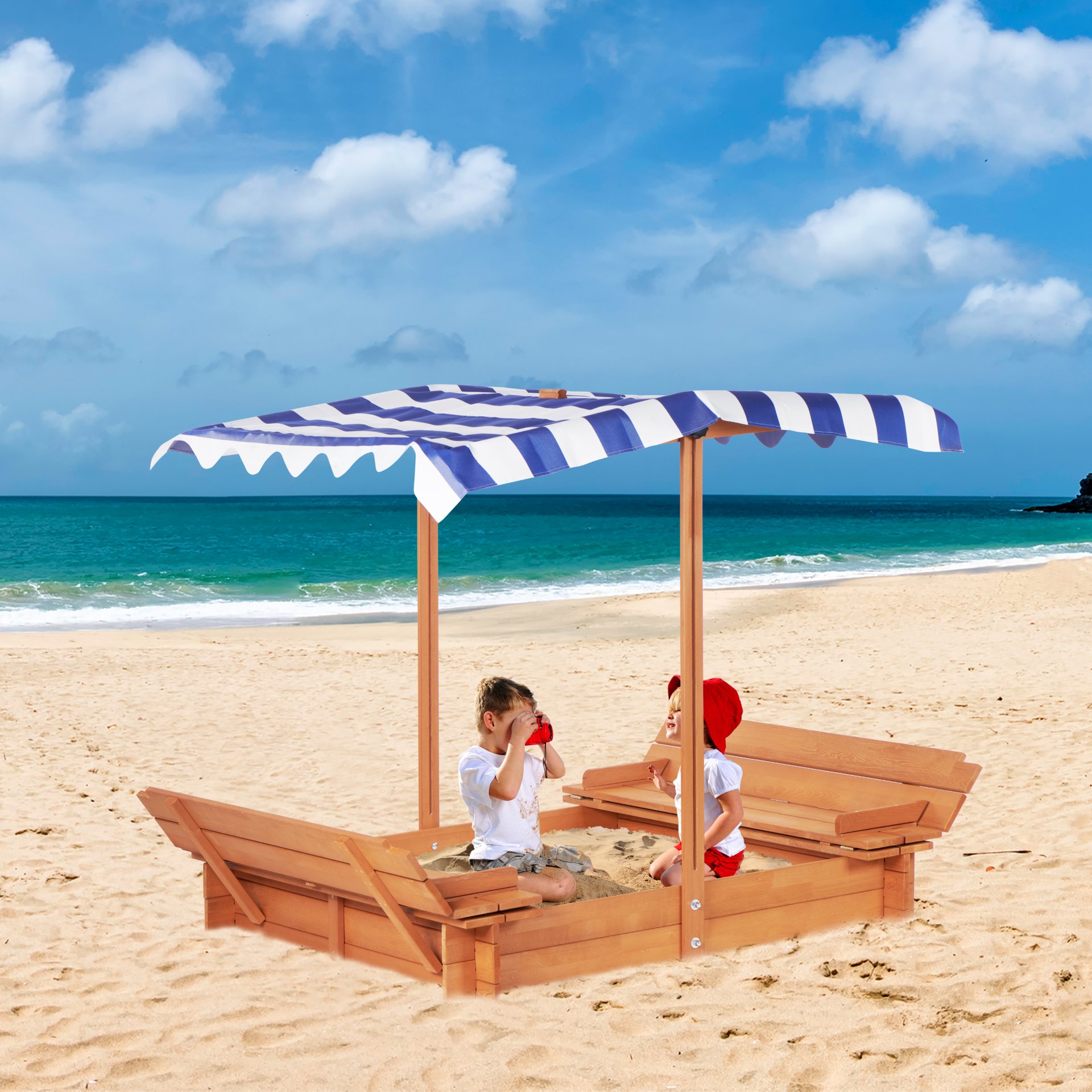 Kids Sandbox With Adjustable Cover, Sand Box With 2 Foldable Bench Seats, Outdoor Sandpit For Backyard Play - Light Brown - Image 4
