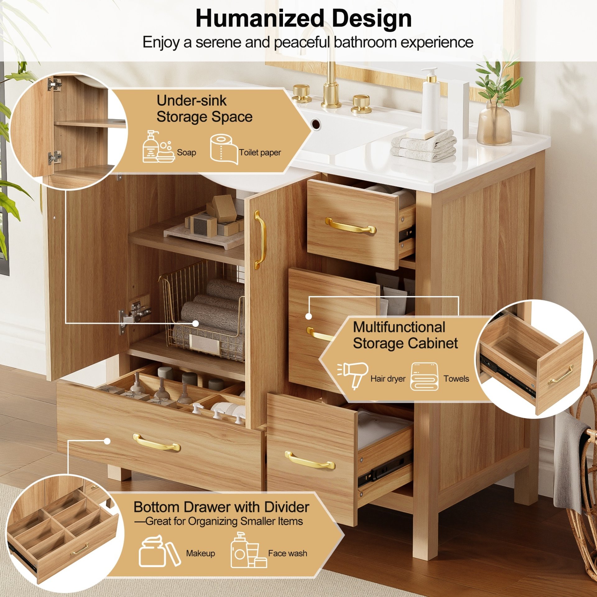 36" Bathroom Vanity, 2 Soft Close Doors, 4 Soft Close Drawers, Adjustable Shelf, Storage Cabinet - Acacia Wood - Image 6