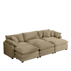 Oversized Modular Cushion Sofa Set & Portable Ottoman L Shaped Corner Low Back Deep Seating In Corduroy - Tan