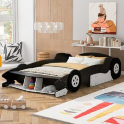 Full Size Race Car Shaped Platform Bed With Wheels - Black