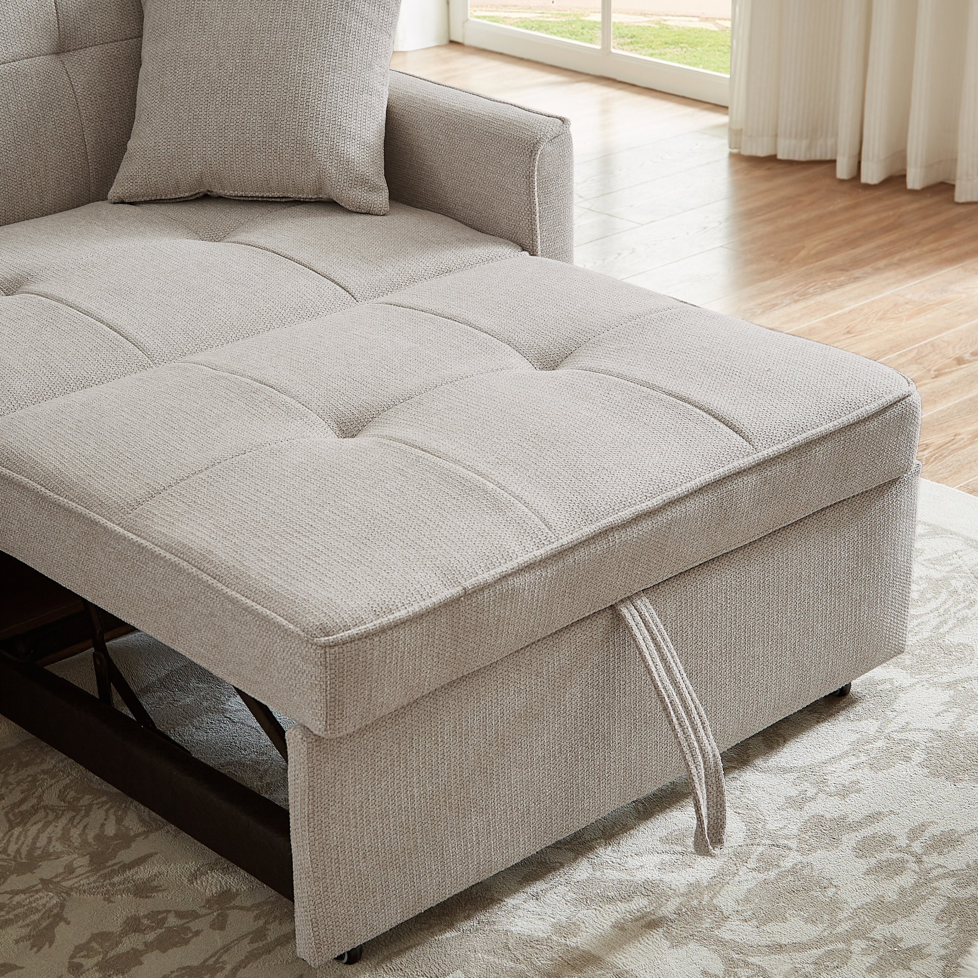 3 In 1 Convertible Sleeper Sofa Bed, Modern Fabric Loveseat Futon Sofa Couch Pullout Bed, Small Love Seat Lounge Sofa Reclining Backrest, Pillows, Pockets, Home Furniture For Living Room - Beige - Image 6