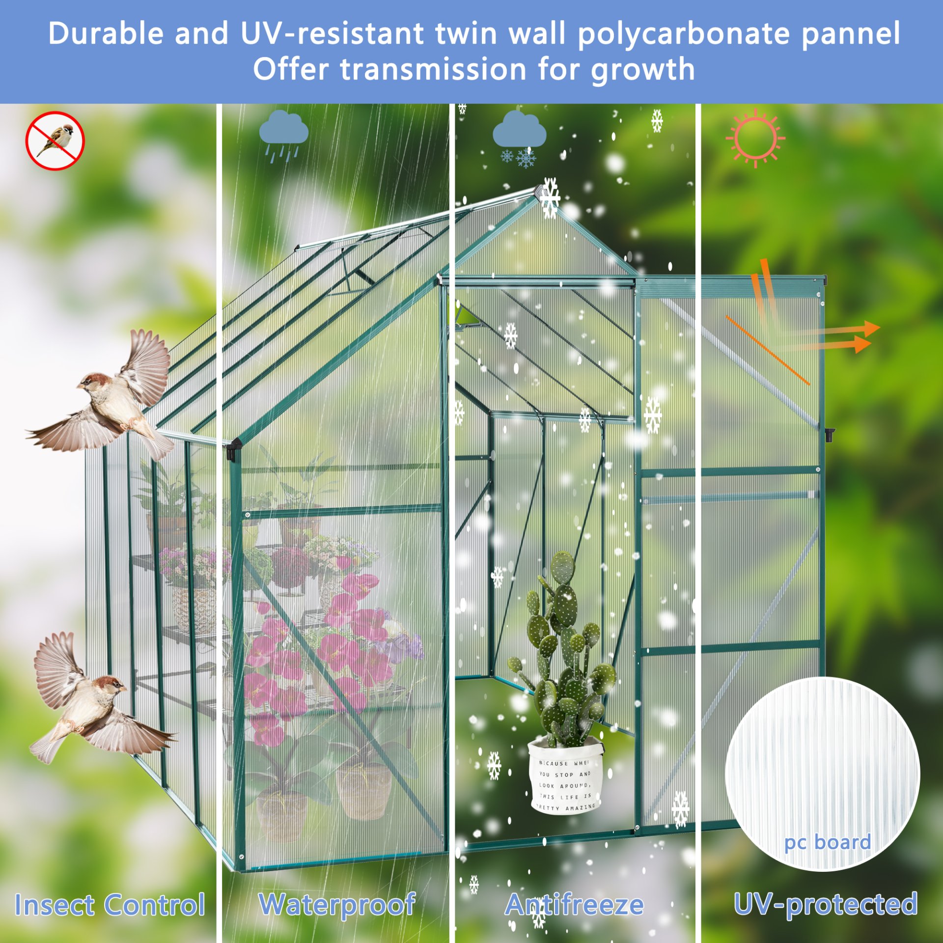 6X10Ft Polycarbonate Greenhouse Raised Base And Anchor Aluminum Heavy Duty Walk-In Greenhouses For Outdoor Backyard In All Season - Green - Image 6