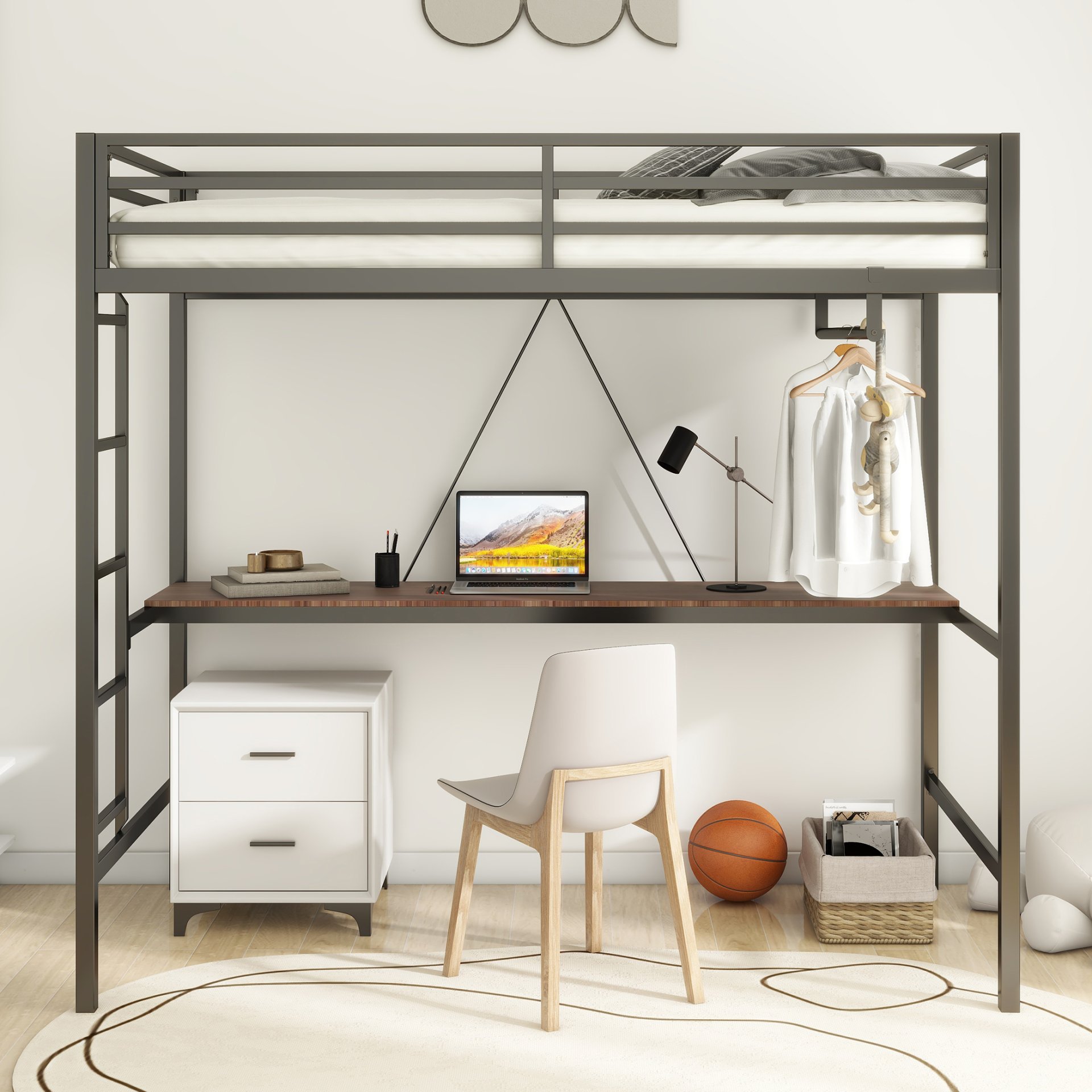 Adam - Twin Loft Bunk Bed With Cinnamon Wood Desk And Closet Rod - Black - Image 4