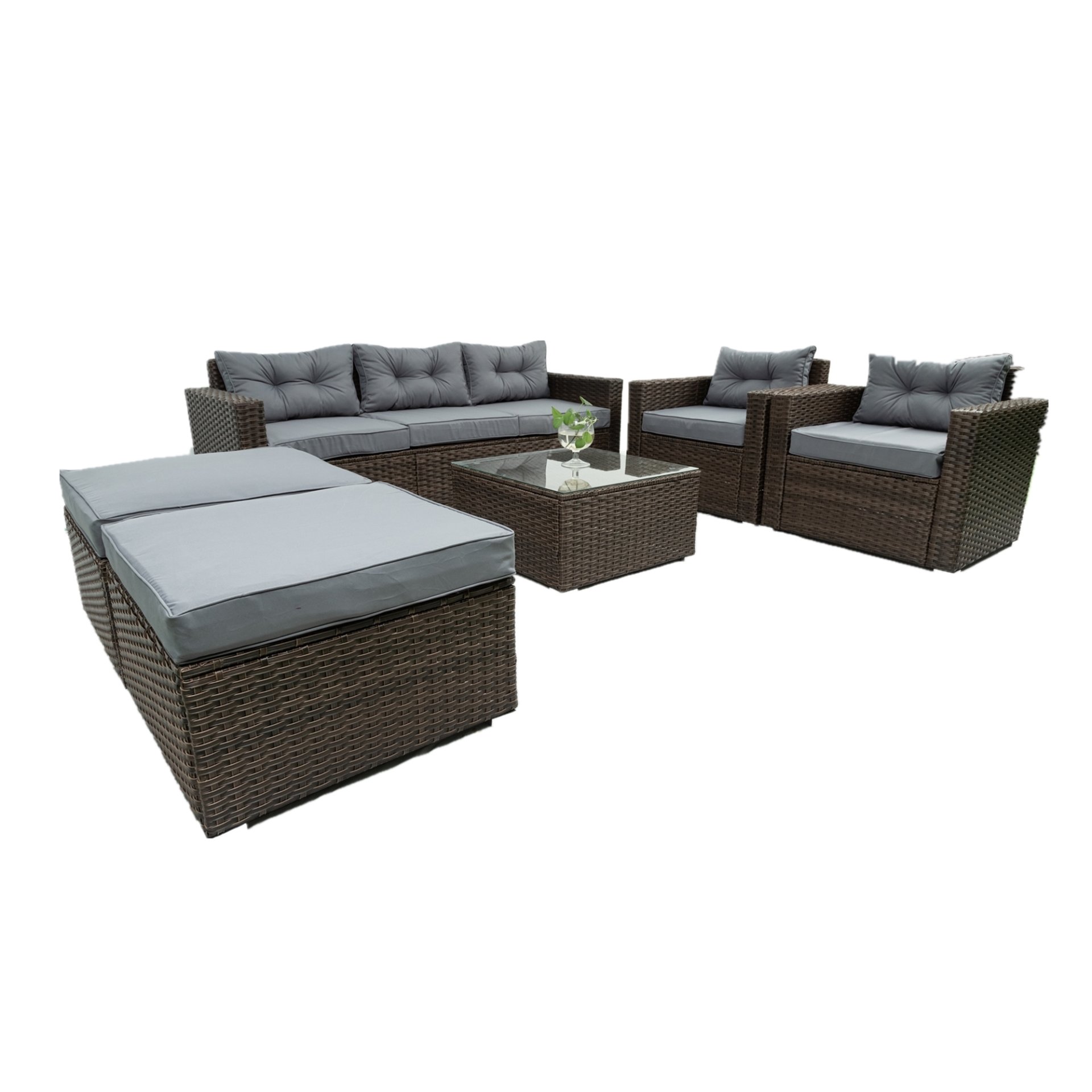 6 Piece Patio Rattan Wicker Outdoor Furniture Conversation Sofa Set With Removeable Cushions And Temper Glass Tabletop - Brown - Image 3