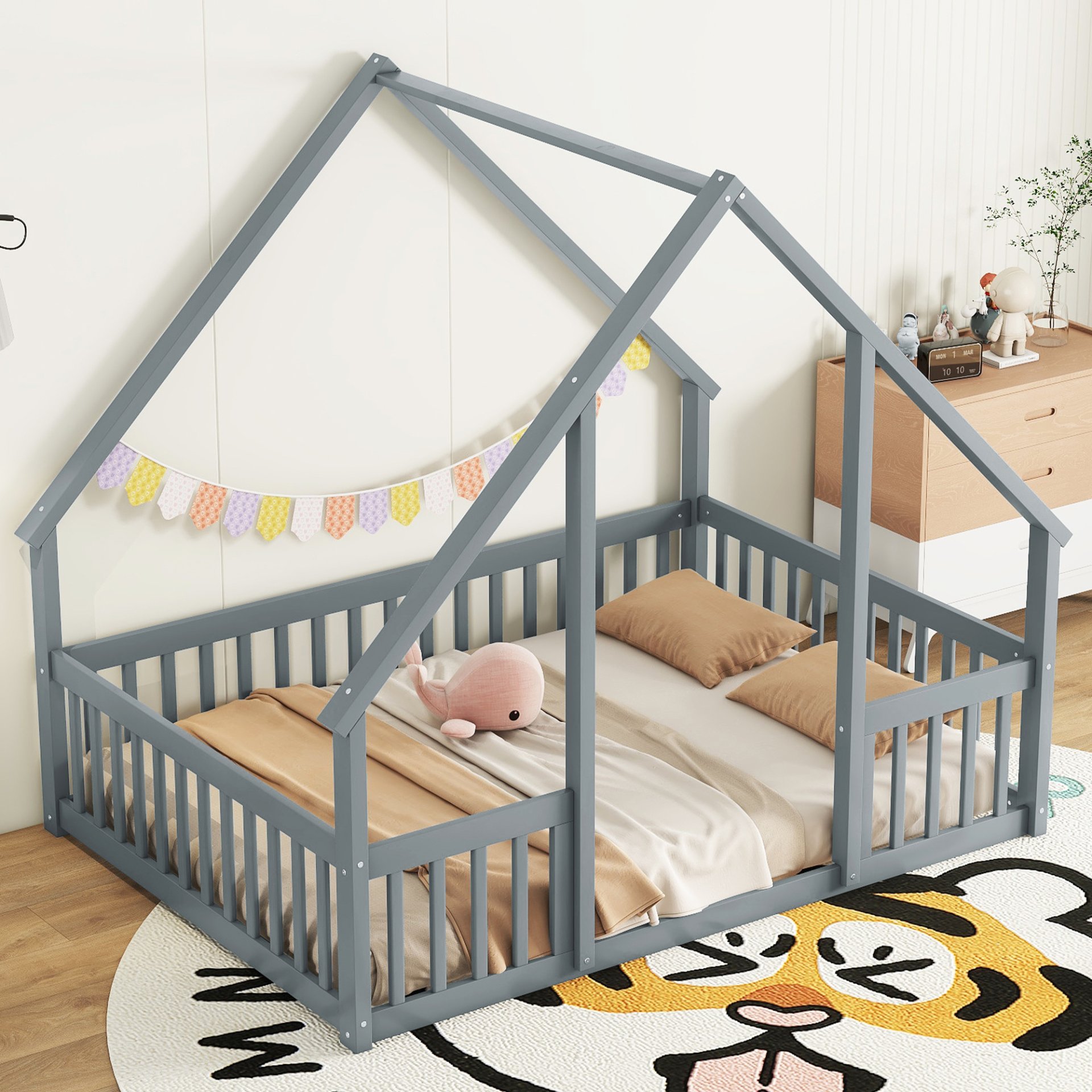Full Wood House-Shaped Floor Bed With Fence, Guardrails - Gray - Image 3