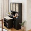 Kitchen Pantry Storage Cabinet, Modern Buffet Cabinet With Kitchen Cart, Tall Kitchen Hutch Cabinet With Microwave Stand, Food Pantry Cabinet With 3 Rattan Doors And Adjustable Shelves - Black - Image 6