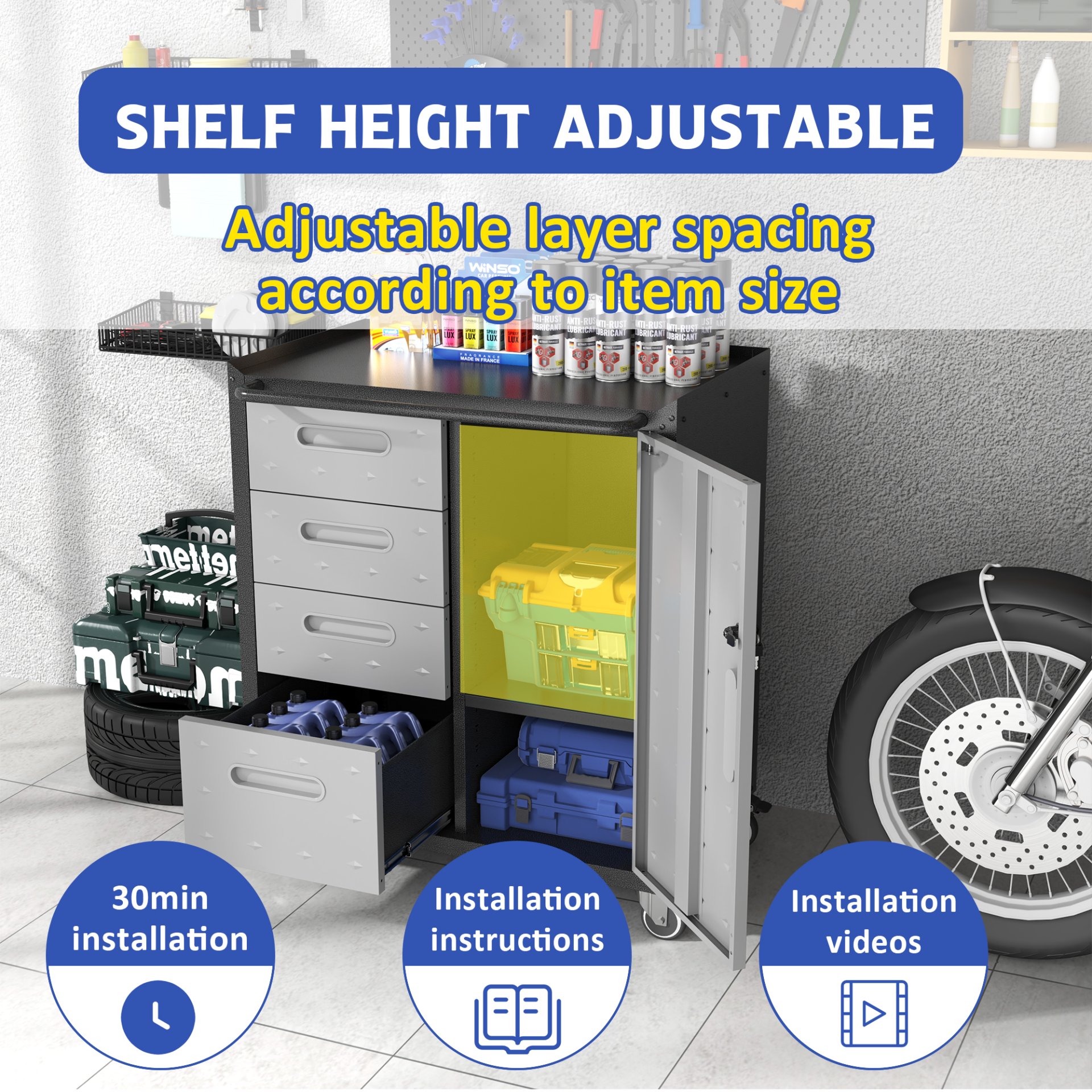 Sturdy Metal Tool Storage Cabinet With Wheels Durable Garage, Office & Home Organizer Steel - White - Image 8