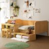 Twin Size Daybed With Storage Shelves And Lockers, Multi Functional Bed With Study Desk And Matching Stool - Natural - Image 2