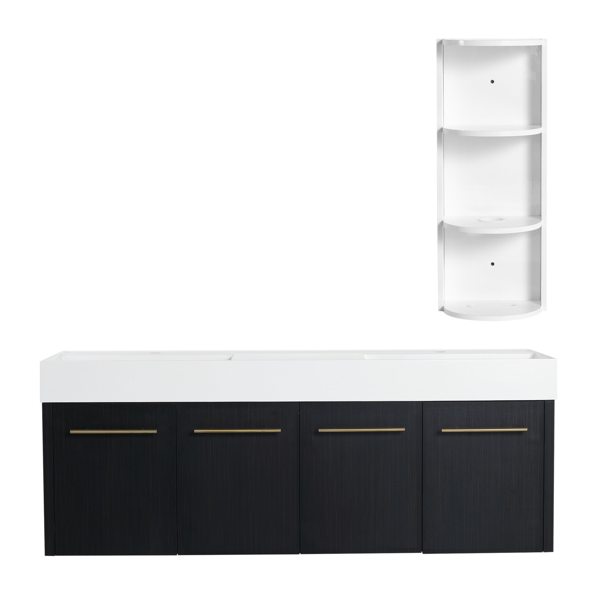 Modern Wall Mounted Bathroom Vanity With Double Resin Sink And Storage Rack - Black Chestnut - Image 11