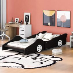 Twin Size Race Car Shaped Platform Bed With Wheels - Black