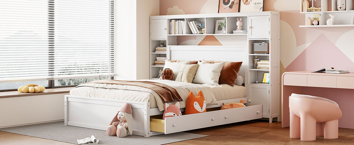 Queen Size Bed With All In One Cabinet, Shelf And Sockets - White - Image 19
