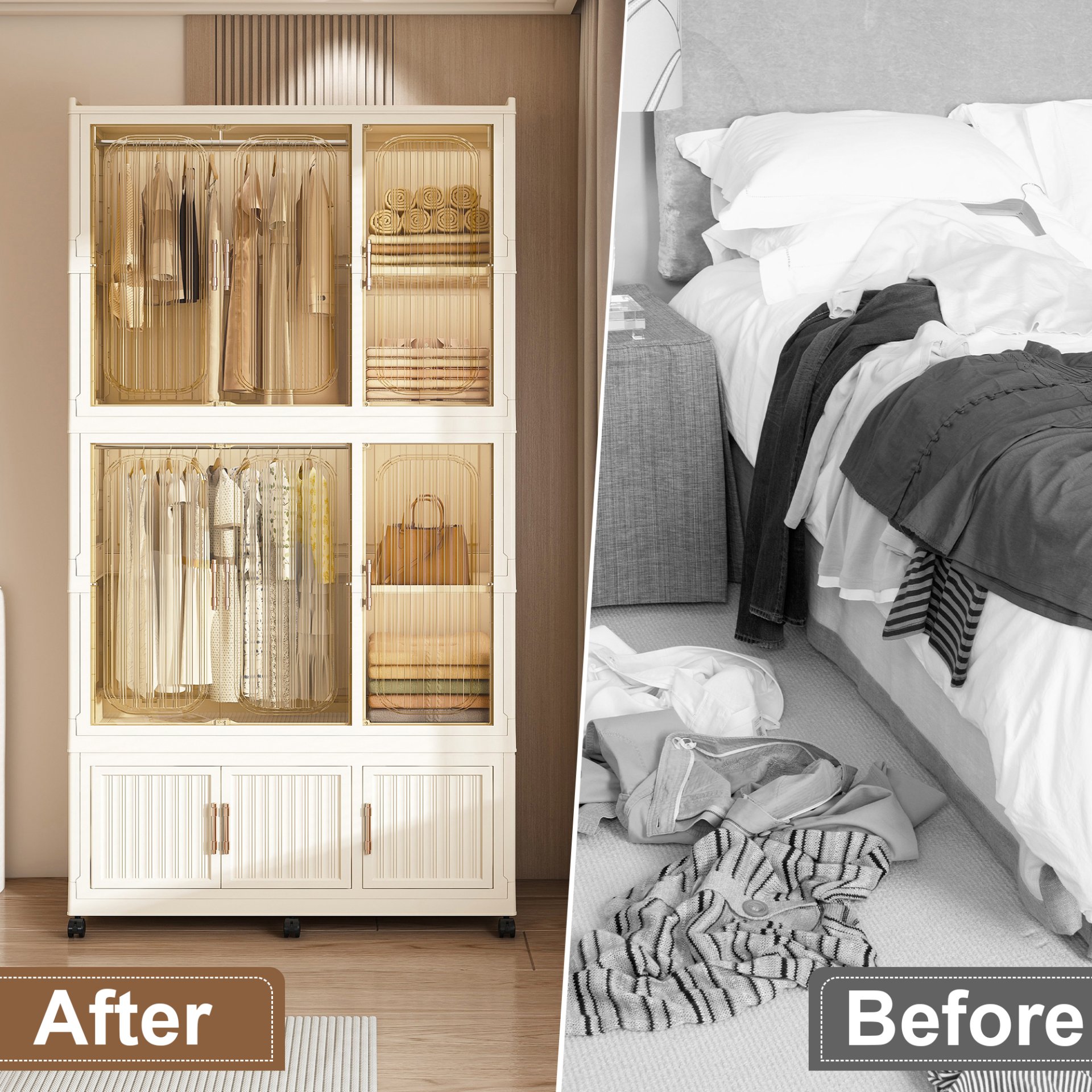 Portable Wardrobe Closet Storage Organizer For Clothes, 9 Magnetic Doors With 9 Cubes & 2 Hanging Rods, 6 Hangers - Cream White - Image 6