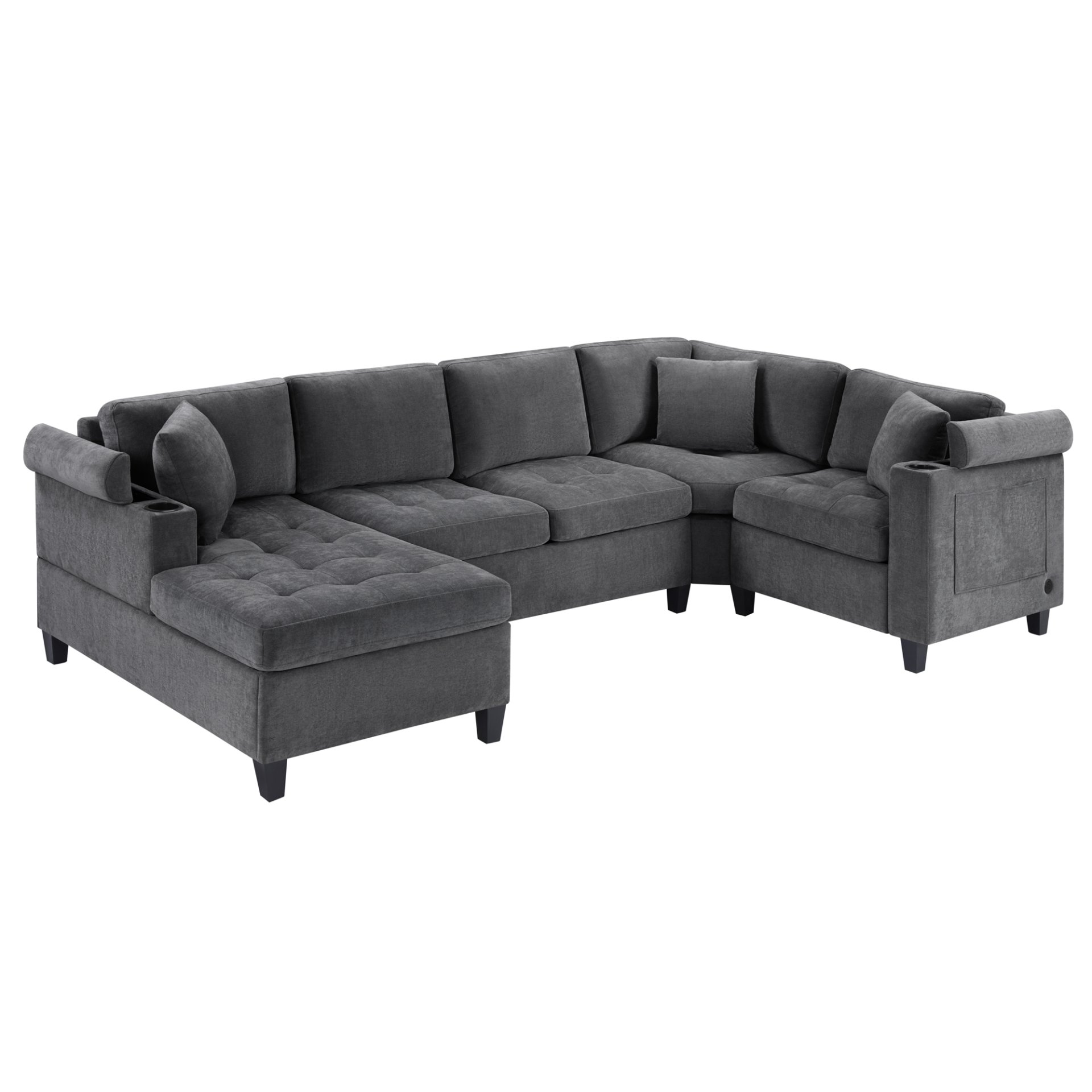 U Shaped Sectional Sofa, Corner Living Room Couch With Built In Cup Holders, Storage, USB Ports - Gray - Image 8