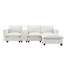 Modern Sectional Cloud Sofa With Console USB Charger Reading Light Cup Holder, Wide Seat 4 Seat Modular Couch Storable Indoor Funiture - Beige