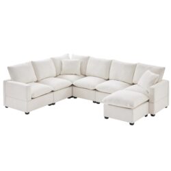 Modern U-Shape Modular Sofa, 7 Seat Chenille Sectional Couch Set With 2 Pillows Included, Freely Combinable Indoor Funiture - White
