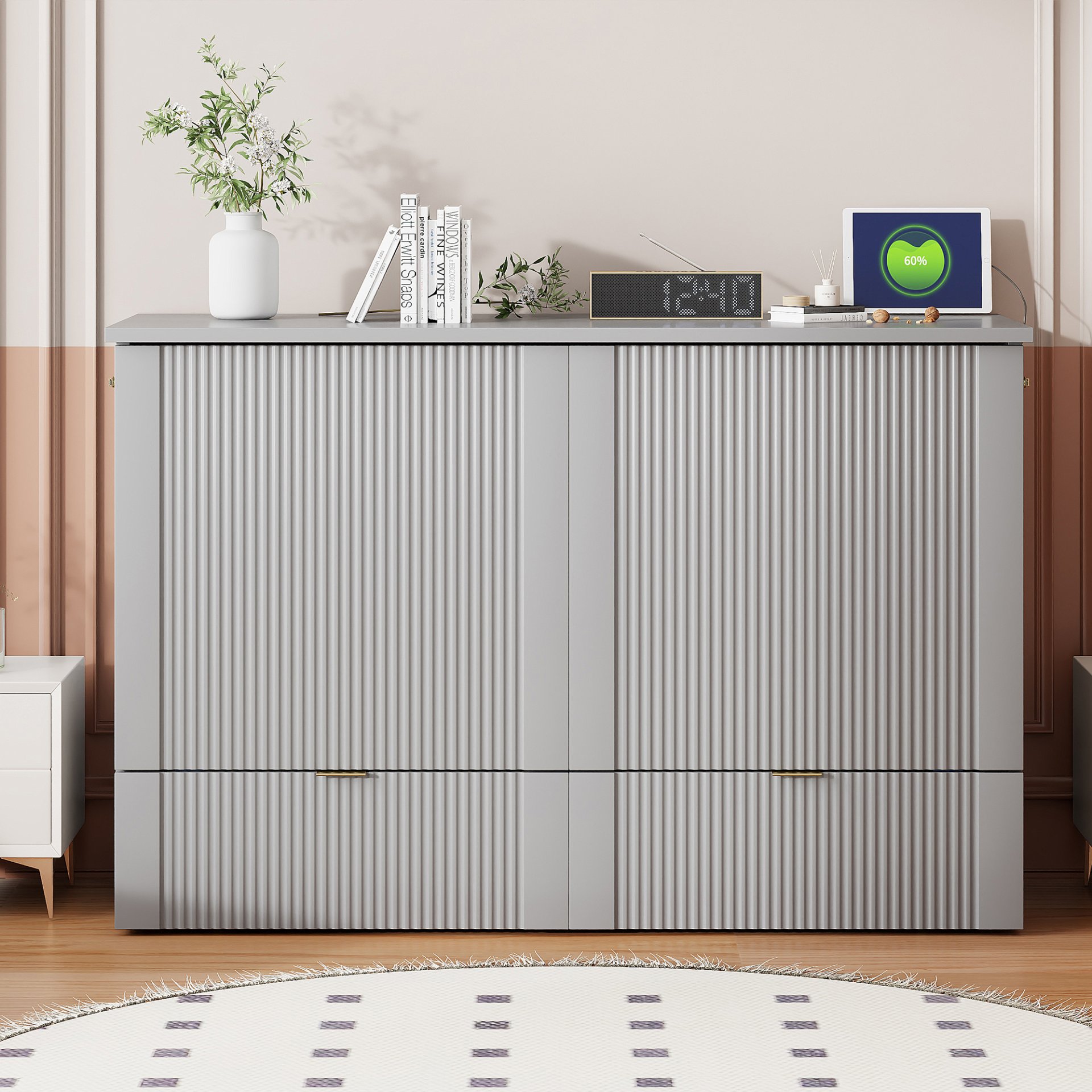 Full Size Murphy Bed With Drawer And A Set Of Sockets & USB Ports, Pulley Structure Design - Gray - Image 2