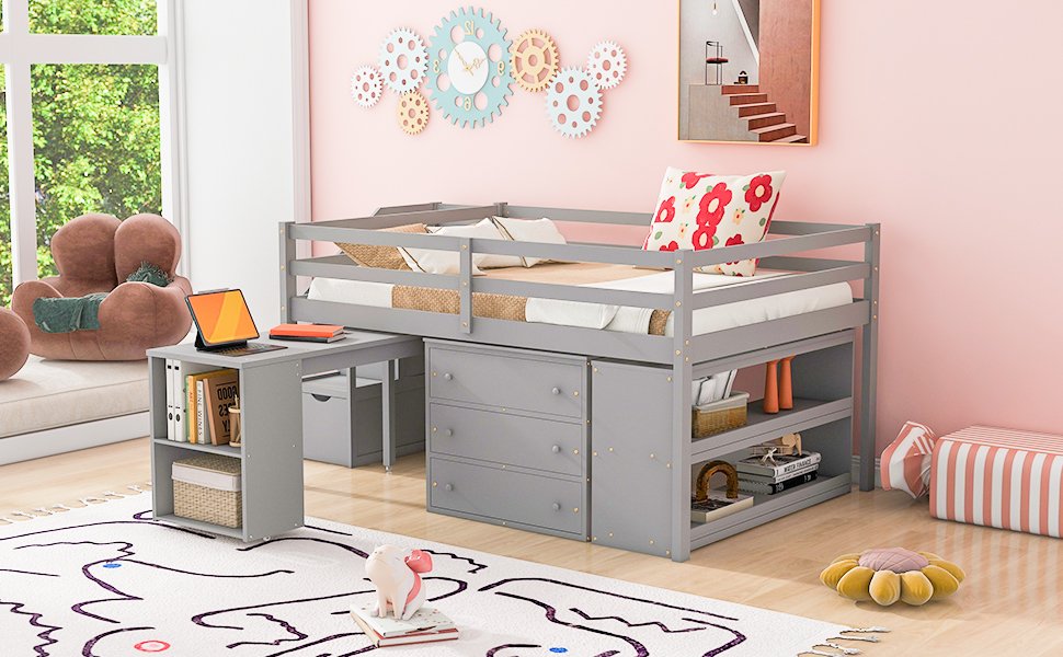 Full Size Loft Bed With Retractable Writing Desk And 3 Drawers With Storage Stairs And Shelves - Gray - Image 19