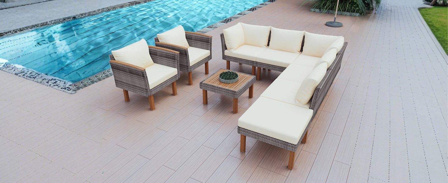 9 Piece Patio Rattan Furniture Set, Outdoor Conversation Set With Acacia Wood Legs And Tabletop, PE Rattan Sectional Sofa Set With Coffee Table, Washable Cushion - Beige - Image 2