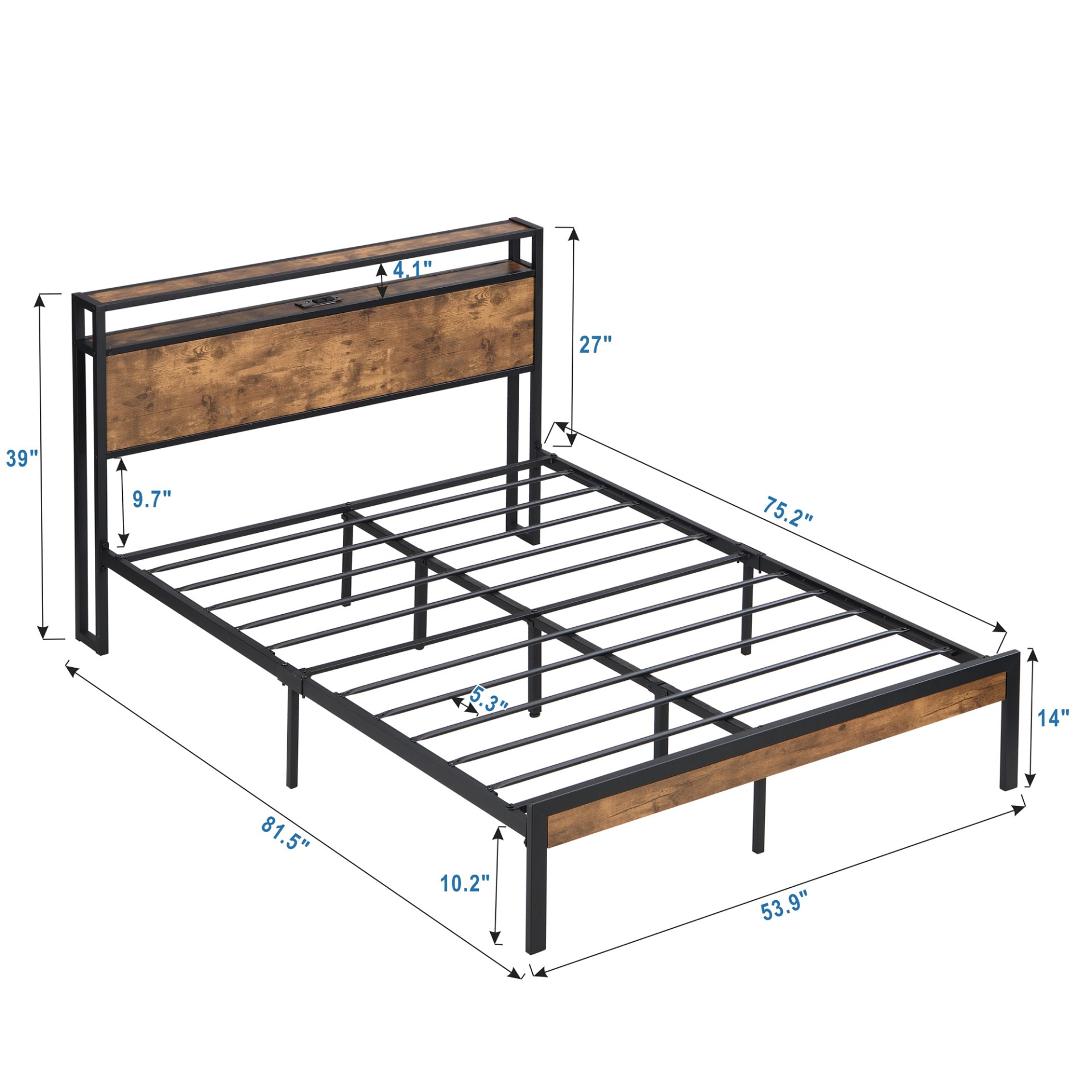 Full Size Metal Platform Bed Frame With Wooden Headboard And Footboard With USB Liner, No Box Spring Needed, Large Under Bed Storage - Brown - Image 3