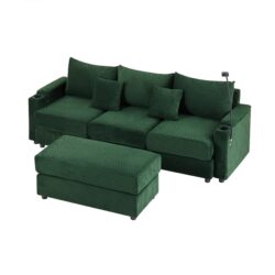 Modern Style 3 Seater Sofa Sectional Sofa Couch With Storage Space, A Movable Ottoman, Two USB Ports, Two Cup Holders, A Phone Holder For Living Room - Green