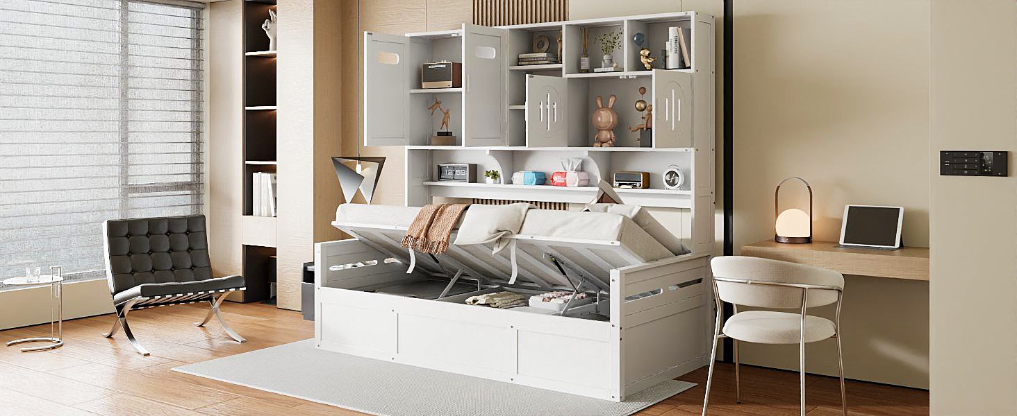 Twin Size Wooden Daybed With Hydraulic Bed And All In One Cabinet And Shelf - White - Image 16