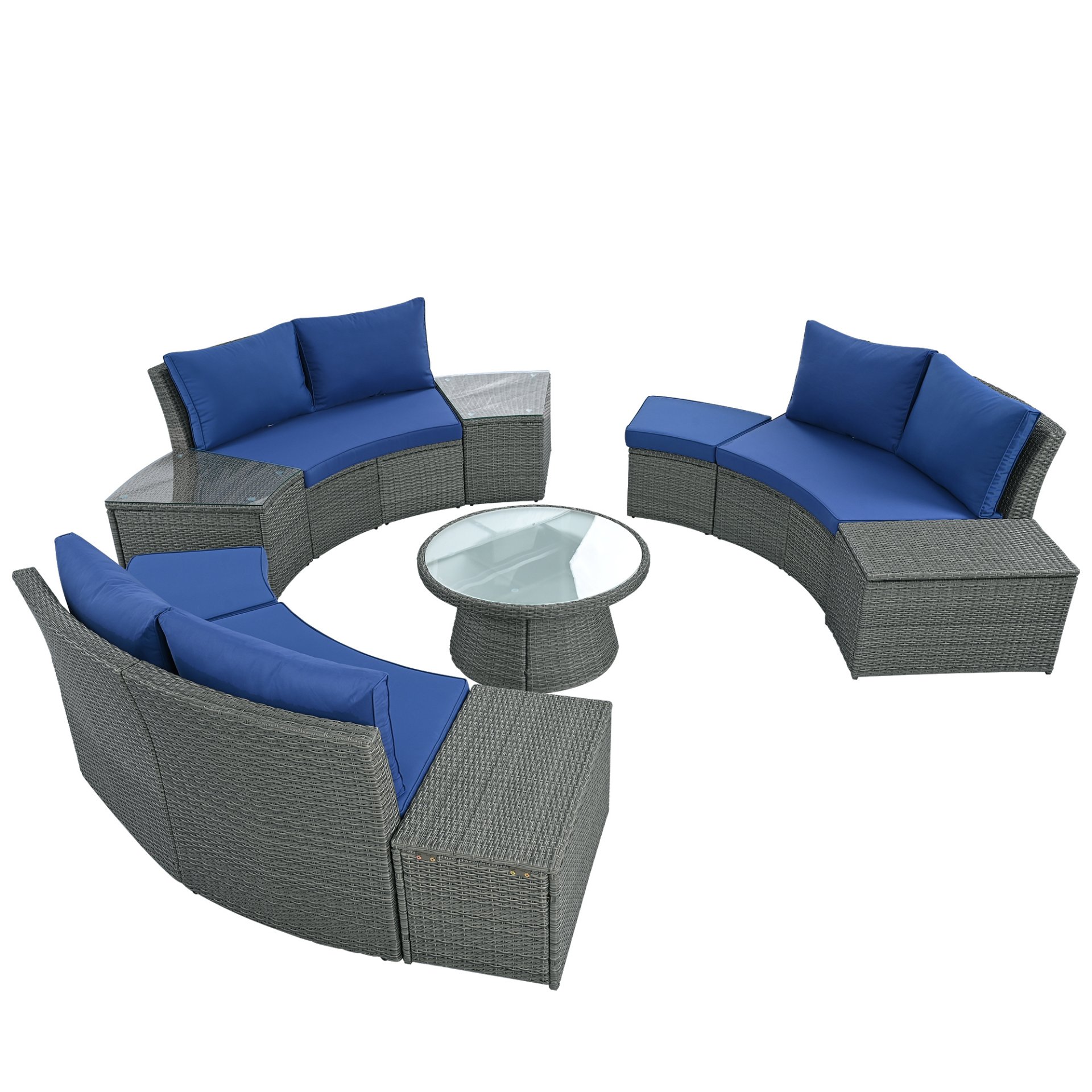 10 Piece Outdoor Sectional Half Round Patio Rattan Sofa Set, Wicker Conversation Furniture Set For Free Combination - Blue - Image 13