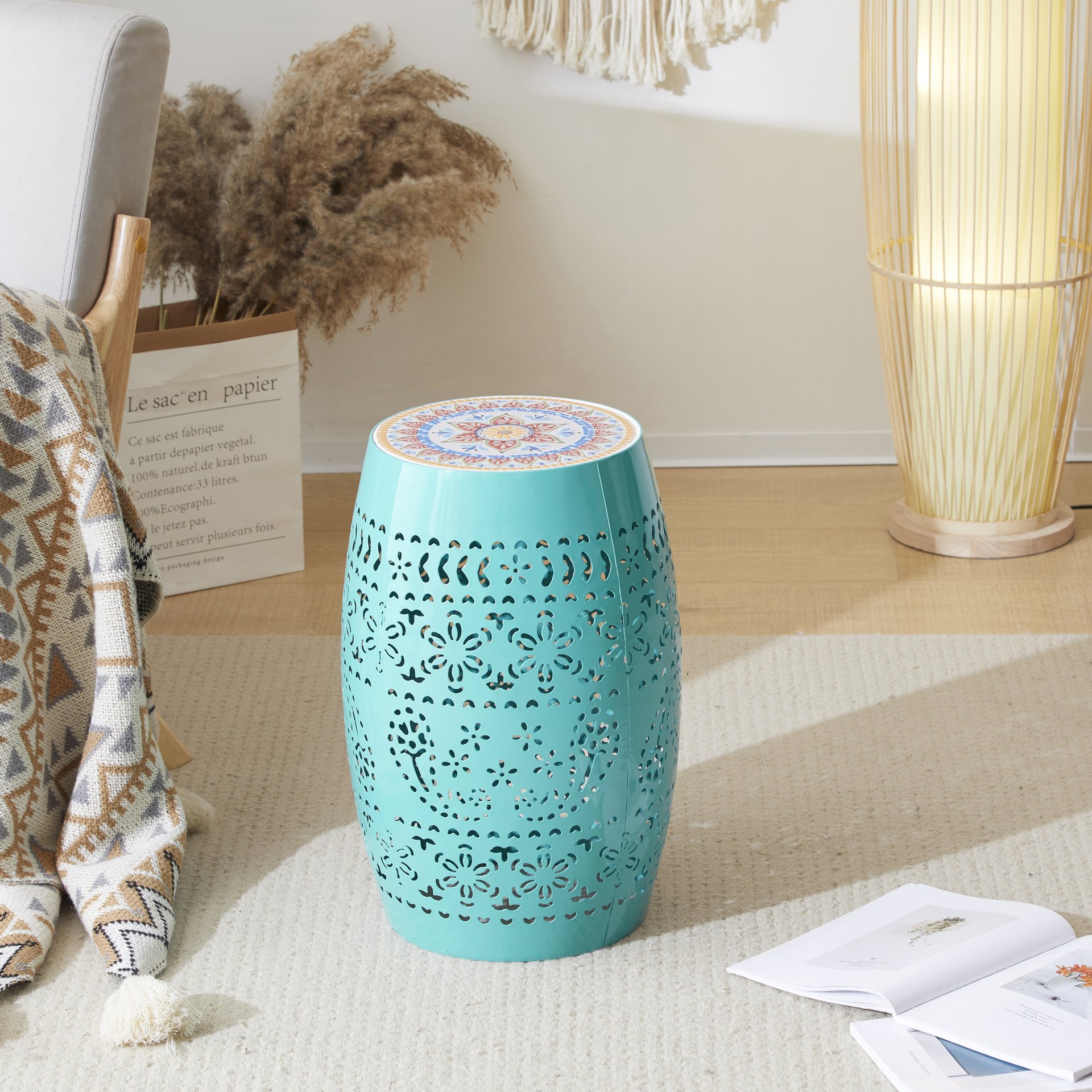 Ruby - Mosaic Style Side Table With Ceramic Tile And Iron Frame - Teal - Image 2