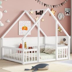 Full Wood House-Shaped Floor Bed With Fence, Guardrails - White