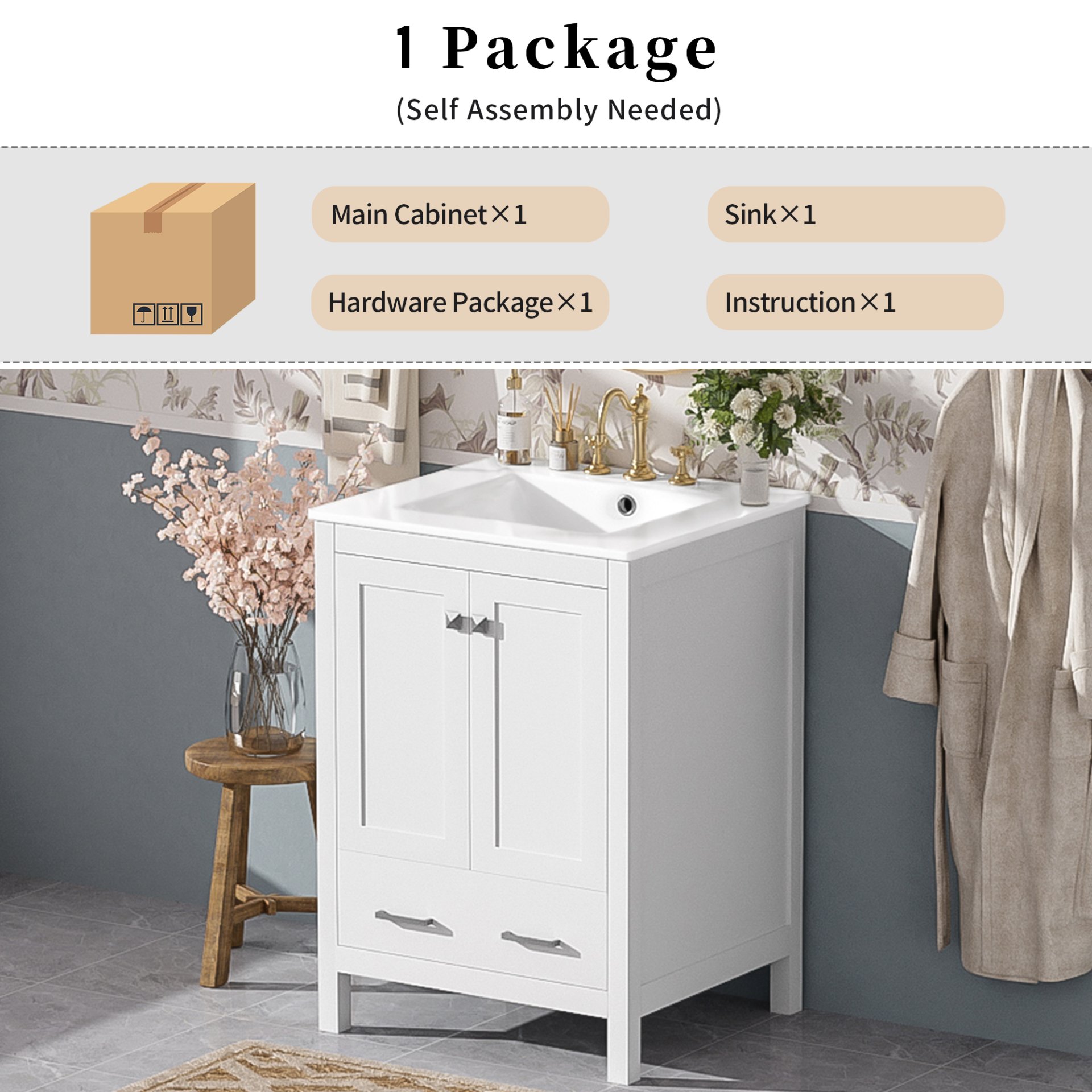 24" Bathroom Vanity With Integrated Undermount Sink, Soft Close Doors, 2 Doors 1 Drawer Storage - White - Image 11