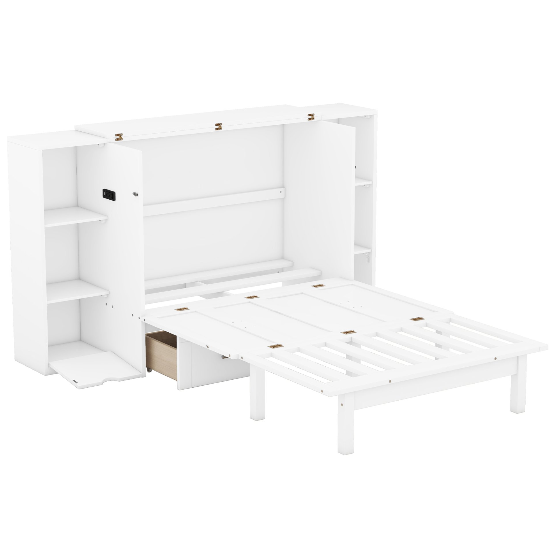 Queen Size Murphy Bed With Shelves, Drawers And USB Ports - White - Image 6